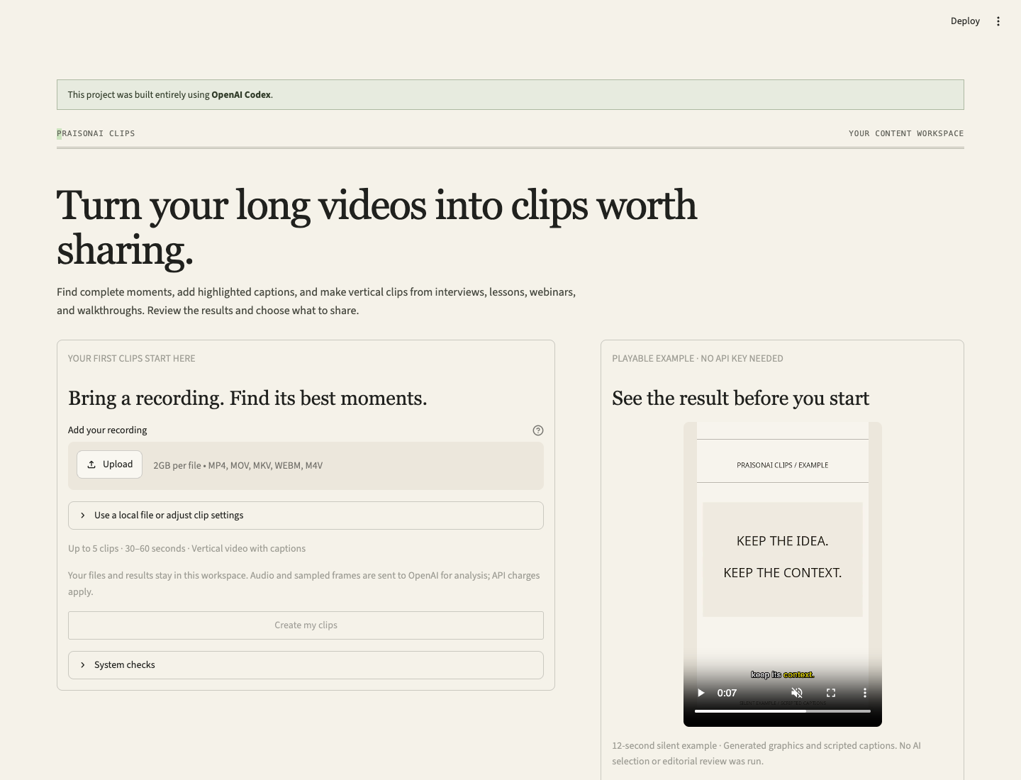 Improved onboarding: main-screen upload beside a playable example and download