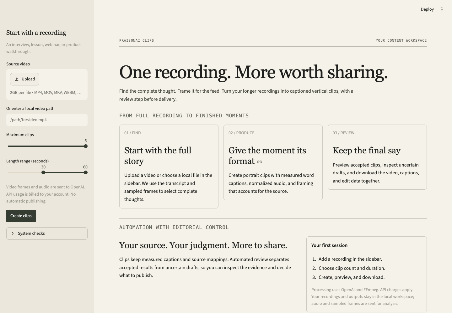 Earlier onboarding: explanatory cards with the upload in a sidebar